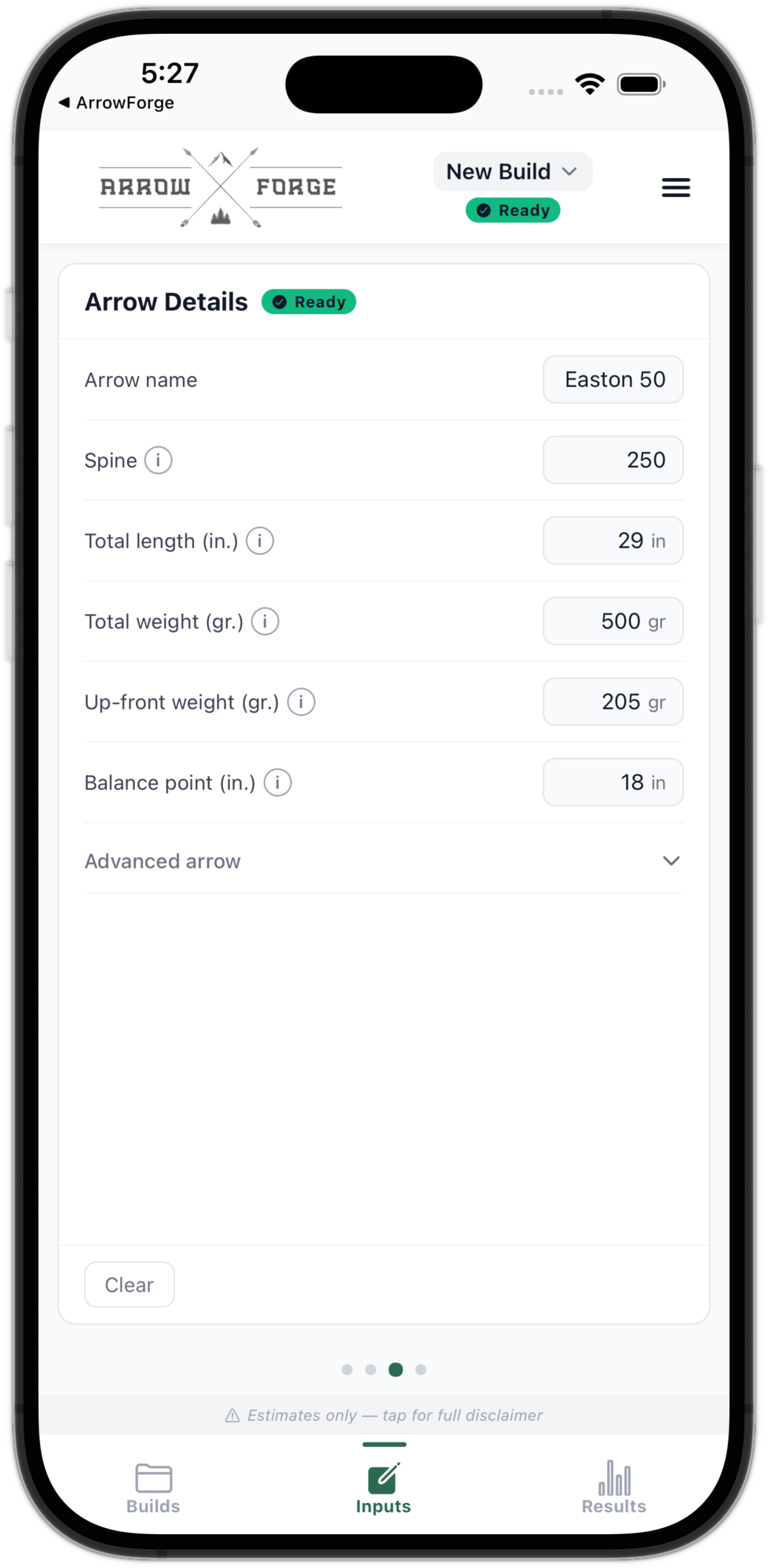 Arrow Details input screen