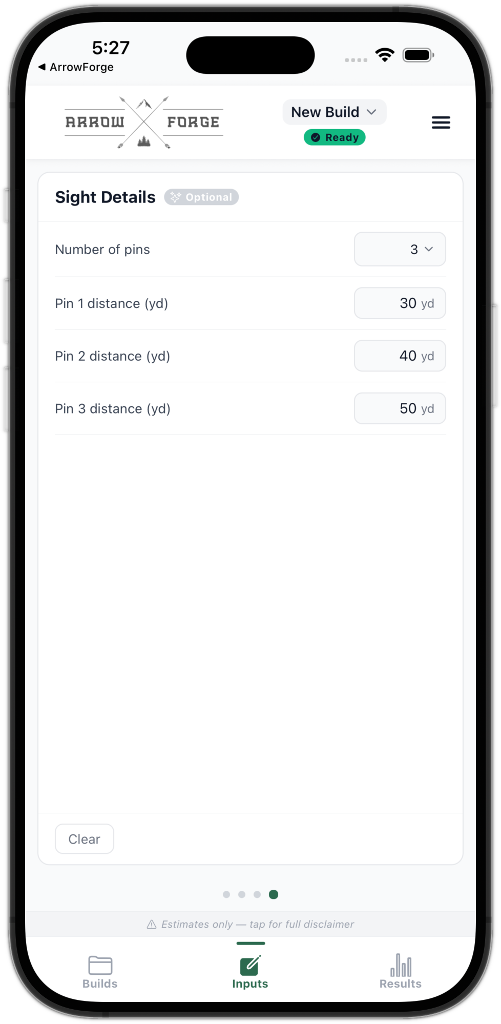 Sight Details input screen
